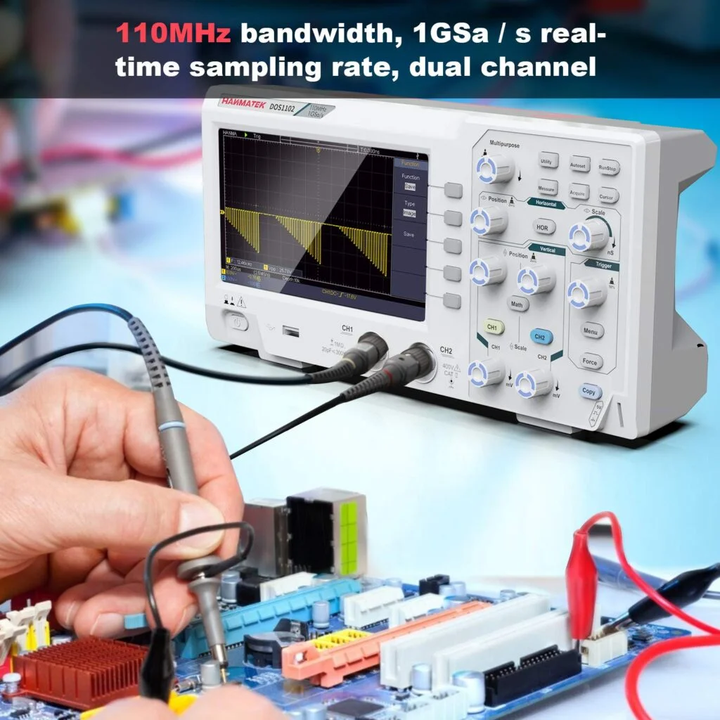 HANMATEK 110mhz Bandwidth DOS1102 Digital Oscilloscope with 2 Channels and Screen 7 inch / 18 cm, TFT-LCD Display, Portable Professional Oscilloscope Kit with 500 MS/s *2 Sampling Rate