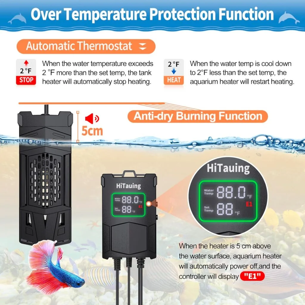 HiTauing Aquarium Heater 300W/500W/800W/1000W, Fish Tank Heater with Smart IC Chip PID System Controller, Independent Temp Sensing Probe, Accurate Temp Control Heater for Saltwater and Freshwater
