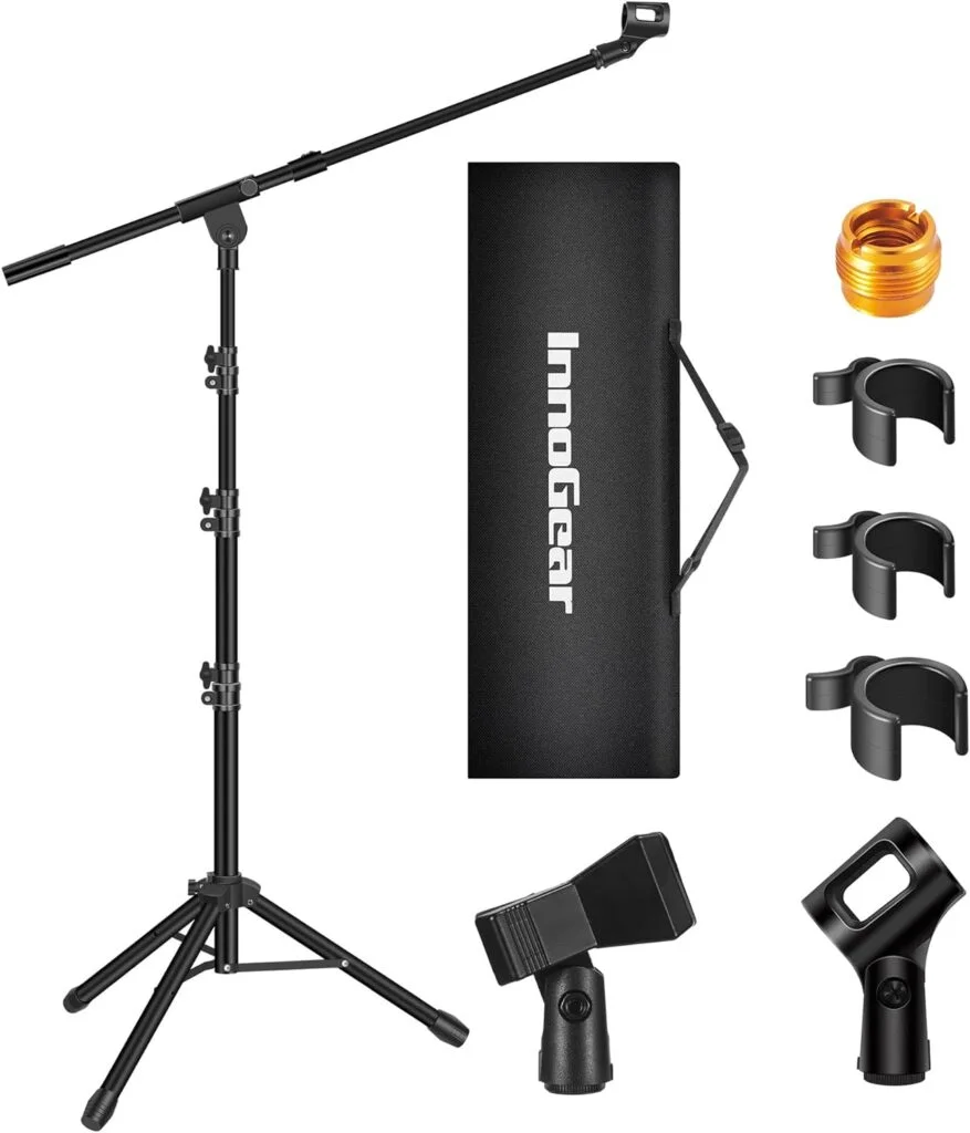 InnoGear Microphone Stand, Tripod Boom Arm Floor Mic Stand Height Adjustable Heavy Duty with Carrying Bag 2 Mic Clips 3/8 to 5/8 Adapter for Singing Podcast for Blue Yeti Shure SM58 SM48 Samson Q2U