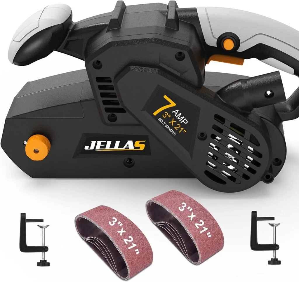 Jellas 7Amp Belt Sander 3 × 21-Inch with Dust Bag, Bench Sander with Variable-speed Control, 2 in 1 Vacuum Adapter, 10 Feet (3 Meters) Length Power Cord - BS750