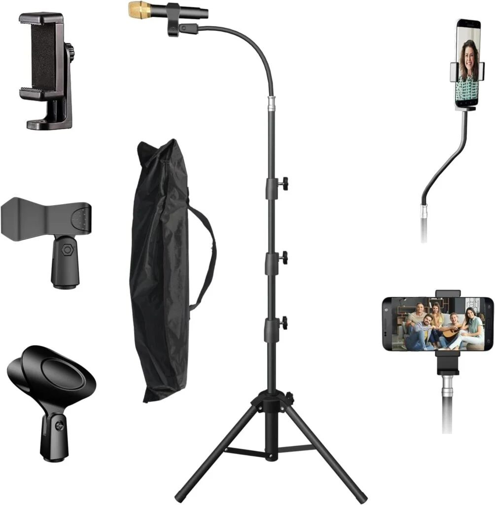 KEREAL Microphone Stand For singing For Most Mic, Gooseneck Mic Stand Adjustable Height From 21” to 75”, Portable Mic Floor Stand with Phone holder,Two Mic Clips for Studio, Stage, Karaoke, DJ, Kids