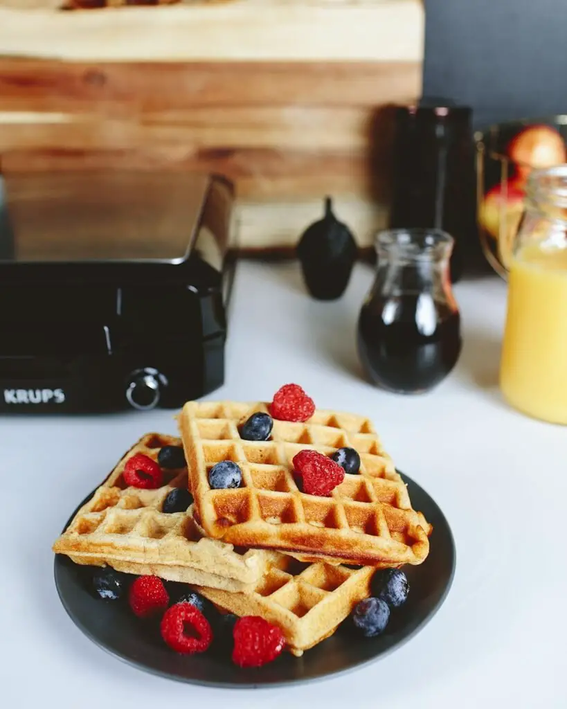 Krups Breakfast Set Stainless Steel Waffle Maker 4 Slices Audible Ready Beep, 1200 Watts Square, 5 Browning Levels, Removable Plates, Dishwasher Safe, Belgian Waffle Silver and Black