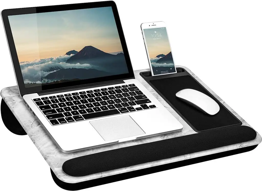 LAPGEAR Home Office Pro Lap Desk with Wrist Rest, Mouse Pad, and Phone Holder - White Marble - Fits up to 15.6 Inch Laptops - Style No. 91591