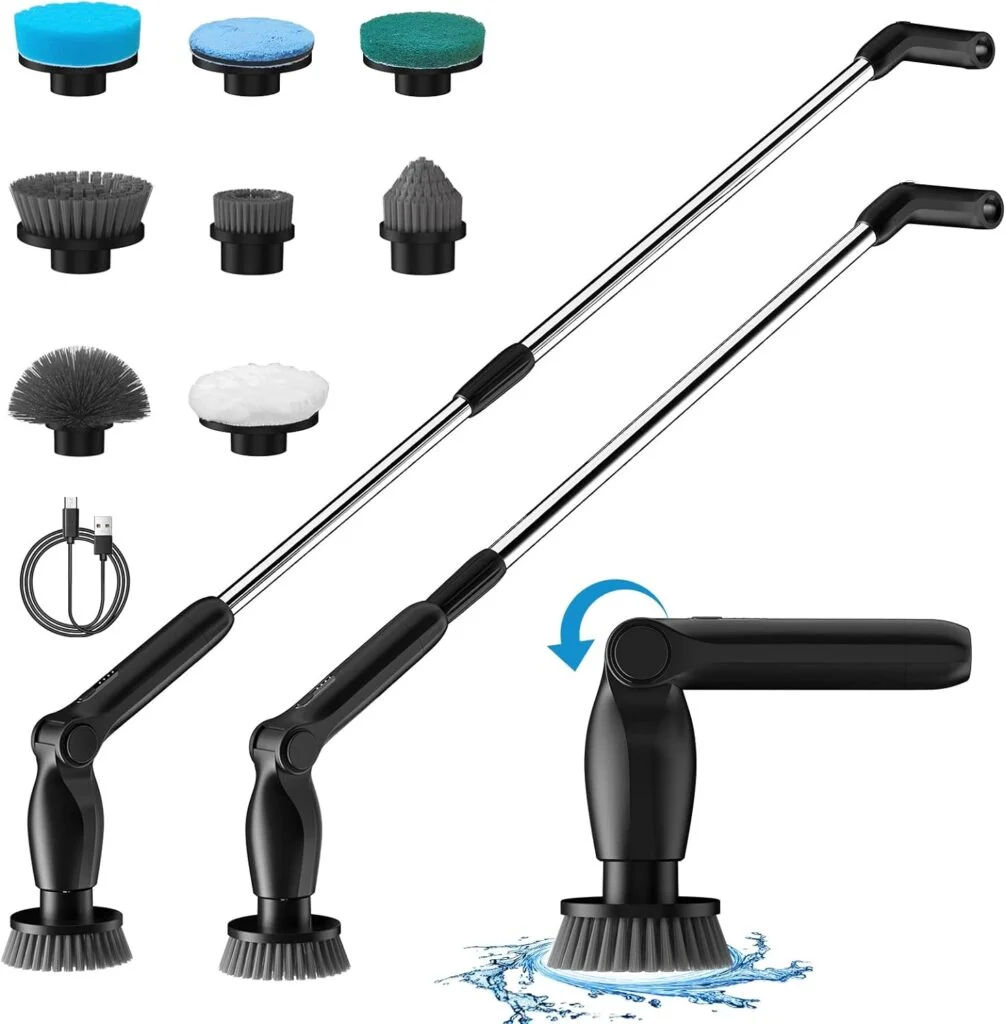 Leebein Electric Spin Scrubber, Cordless Cleaning Brush with 8 Replaceable Brush Heads, Adjustable Extension Handle, 2 Speeds Remote Control, Power Scrubber for Cleaning Bathroom, Shower, Tub, Floor