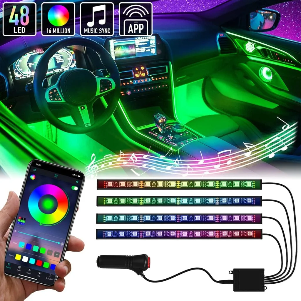 Mega Racer RGB Car LED Lights Strip - Interior LED Lights for Cars, 48 LEDs Over 16 Million Colors, Music Sync App Controlled with iPhone Android Under Dash Car Lighting Kit, Car Charger DC 12V