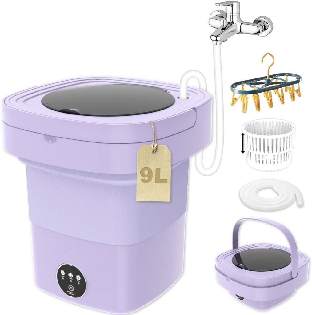 Mini Portable Washing Machine, 9L Foldable Washer with Spin-Dry, Small Underwear Washing Machine, Baby Laundry Machine for Apartments, Baby Clothes,Socks,Pet Supplies,Camping,Travel （Purple）