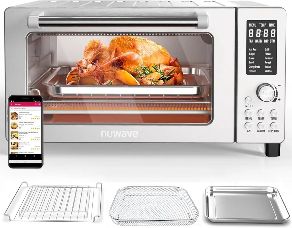 Nuwave Bravo 12-in-1 Digital Toaster Oven, Countertop Convection Oven Air Fryer Combo, 1800 Watts, 21-Qt Capacity, 50°-450°F Temp Controls, Dual Zone Surround Cooking, Linear T Technology, SS Look