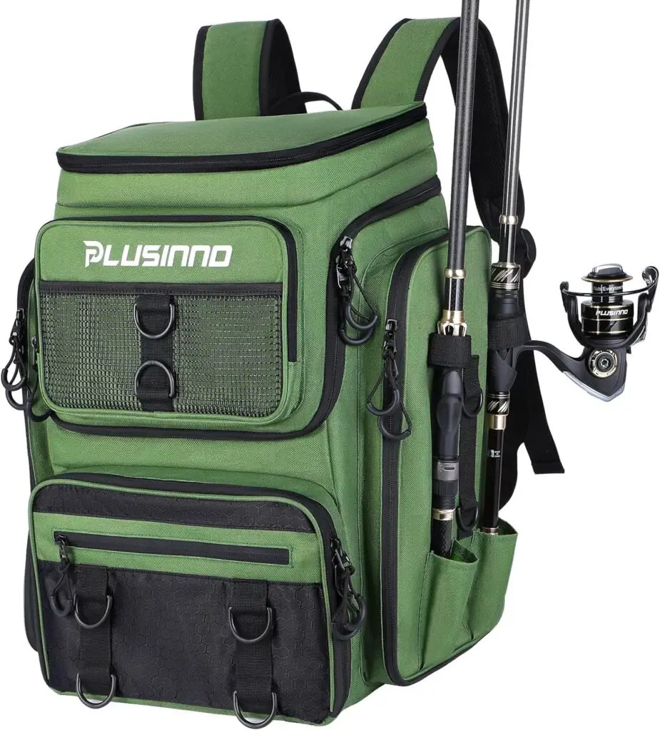 PLUSINNO Fishing Backpack with Rod Holders, 42L Large Water-resistant Fishing Tackle Bag Store Fishing Gear for Fishing, Camping, Hiking, Fishing Gifts for Men Father, Green