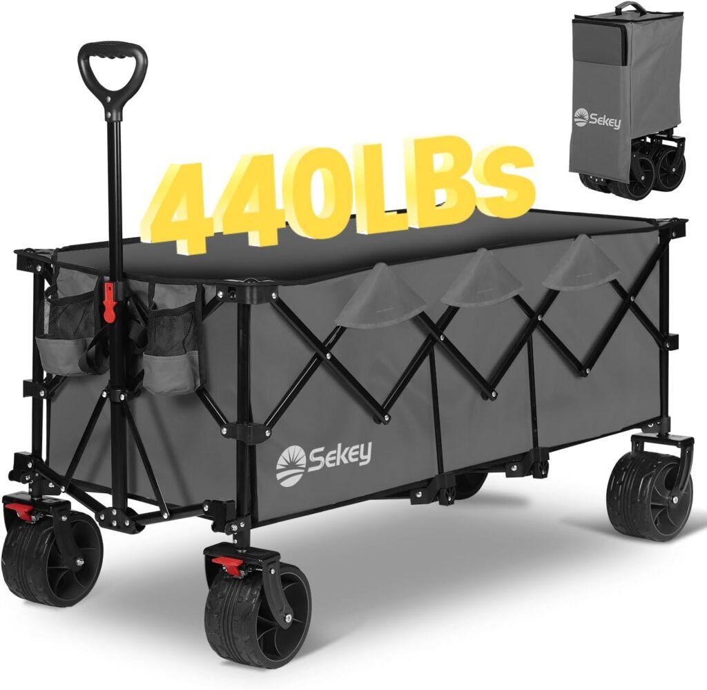 Sekey 48L Collapsible Foldable Extended Wagon with 440lbs Weight Capacity, Heavy Duty 300L Folding Utility Garden Cart with Big All-Terrain Beach Wheels Drink Holders. Grey