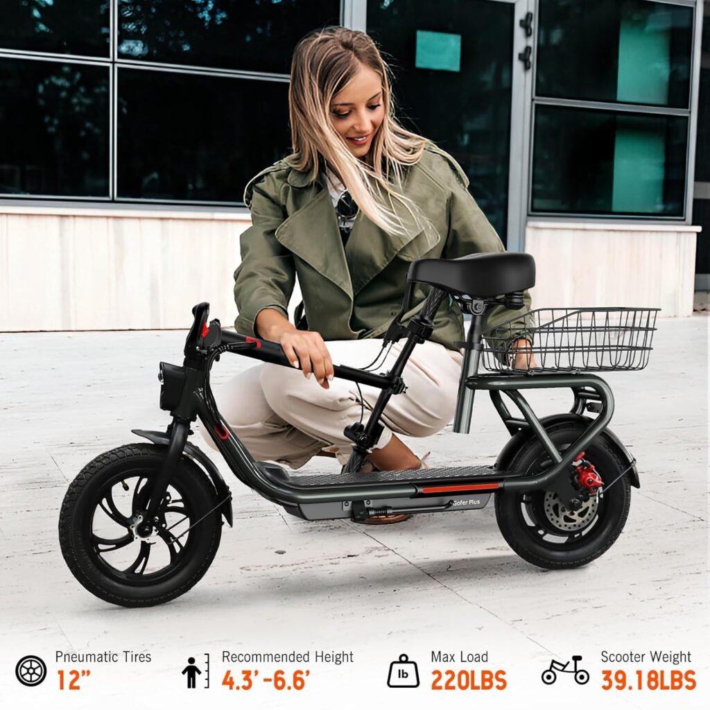 SISIGAD Electric Scooter for Adults with Seat, 30Miles Long Range15MPH Power by 300W Motor 12 Pneumatic TireHeight Adjustable Seat, Foldable Commuter Scooter with Basket