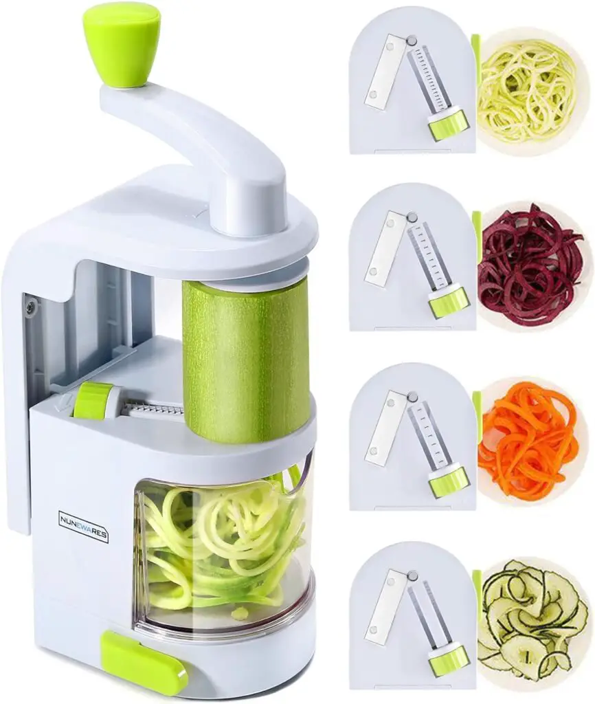 Spiralizer Vegetable Slicer (4-in-1 Rotating Blades) Heavy Duty Veggie Spiralizer with Strong Suction Cup, Zucchini Spiral Noodle/Zoodle/Spaghetti/Pasta Maker (Recipe Book and Cleaning Brush)