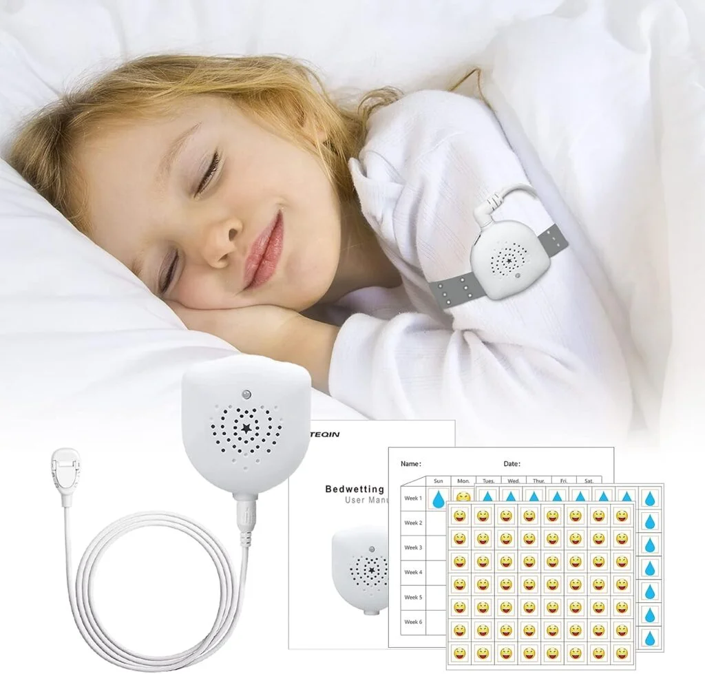 TEQIN Bedwetting Alarm for Boys and Girls, USB Rechargeable, Pee Alarm with Music Optional and Volume Control, Potty Alarm with Sounds and Vibration, Bed-wetting Sensor for Kids
