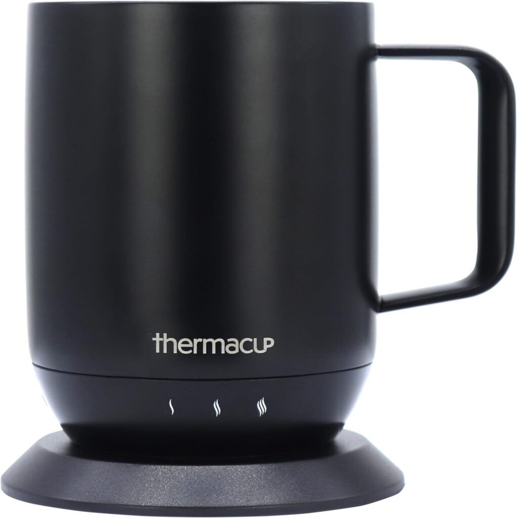THERMACUP Premium Self-Heating Coffee Mug with Lid, Temperature Controlled Led Electric Mug, 3 Custom Heat Settings, Auto Shut Off Feature, Keeps Liquids Warm, Sip Smarter (Midnight Black – 10 oz.)