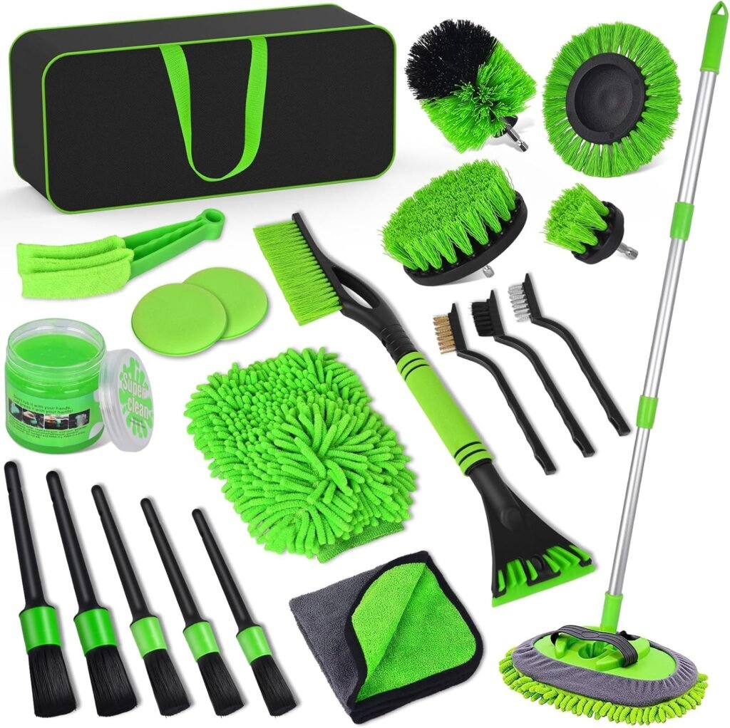 Thousy 21Pcs Car Detailing Kit with Drill Brush Set, Car Cleaning Kit with 46 Car Wash Brush Mop with Long Handle, Snow Brush with Detachable Ice Scraper, Car Wash Kit with Car Wheel Brush
