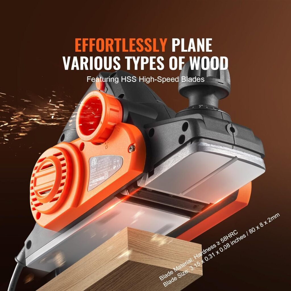VEVOR Electric Hand Planer, 3-1/4 width Corded Electric Hand Planer, 16500 RPM High-Speed Powerful Electric Handheld Planers for Woodworking, Wood Chamfer DIY, Smooth Finish Carpentry Tool, FCC-SDoC