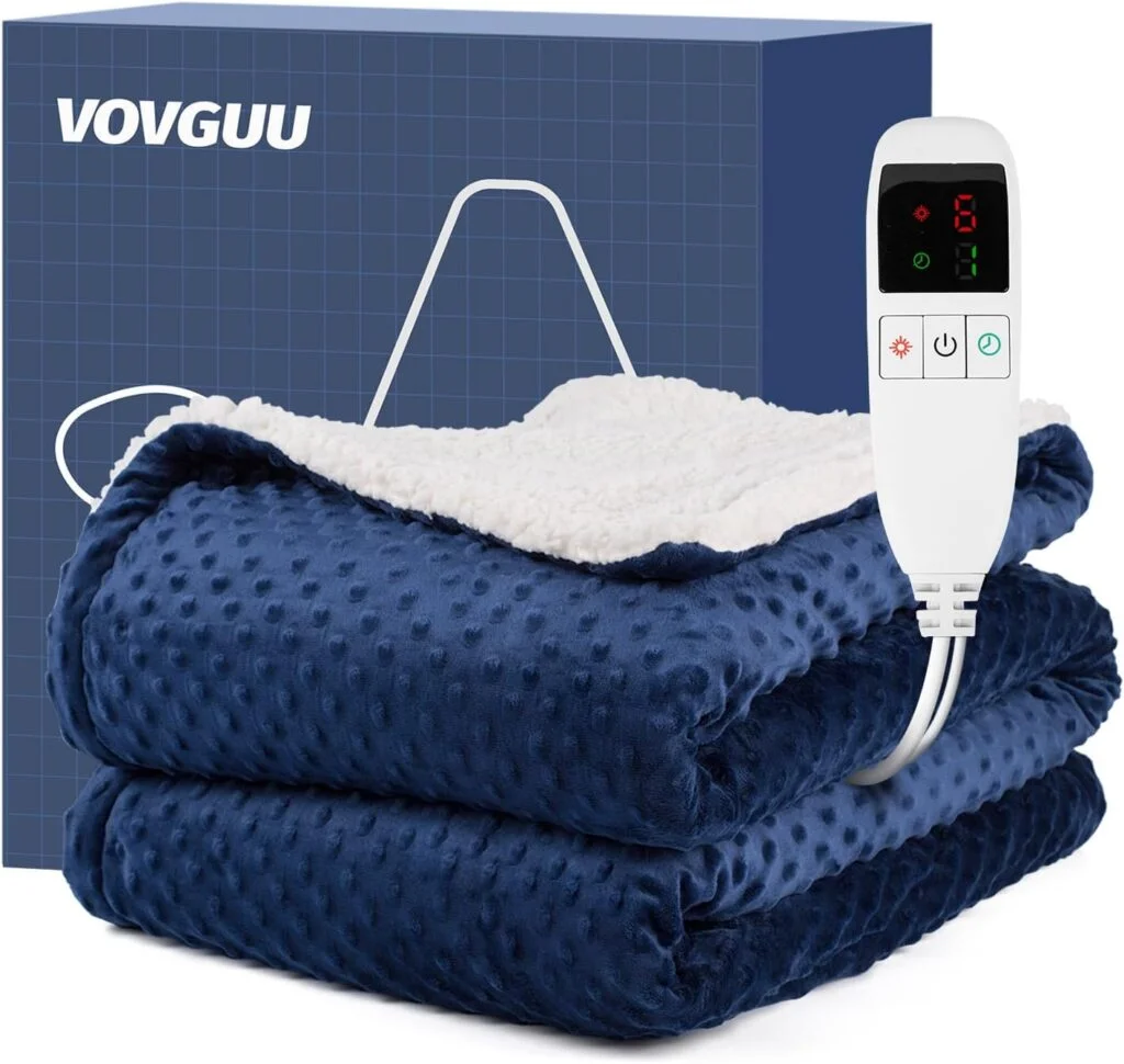 VOVGUU Heated Blanket Electric Twin 80 x 60 Thick Soft Warming Flannel Sherpa Heating Blanket with 6 Heating Levels 9 Hours Setting Fast Heating Over-Heat Protection ETL,Machine Washable (Blue)