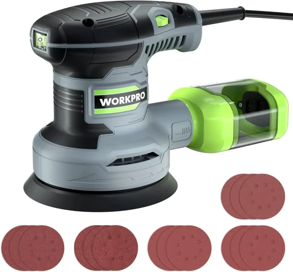 WORKPRO 5-Inch Random Orbit Sander, 6 Variable Speeds 7000 to 14000 RPM, 2.5 Amp Electric Sander for Woodworking with Dust Collector, 15pcs Sandpapers