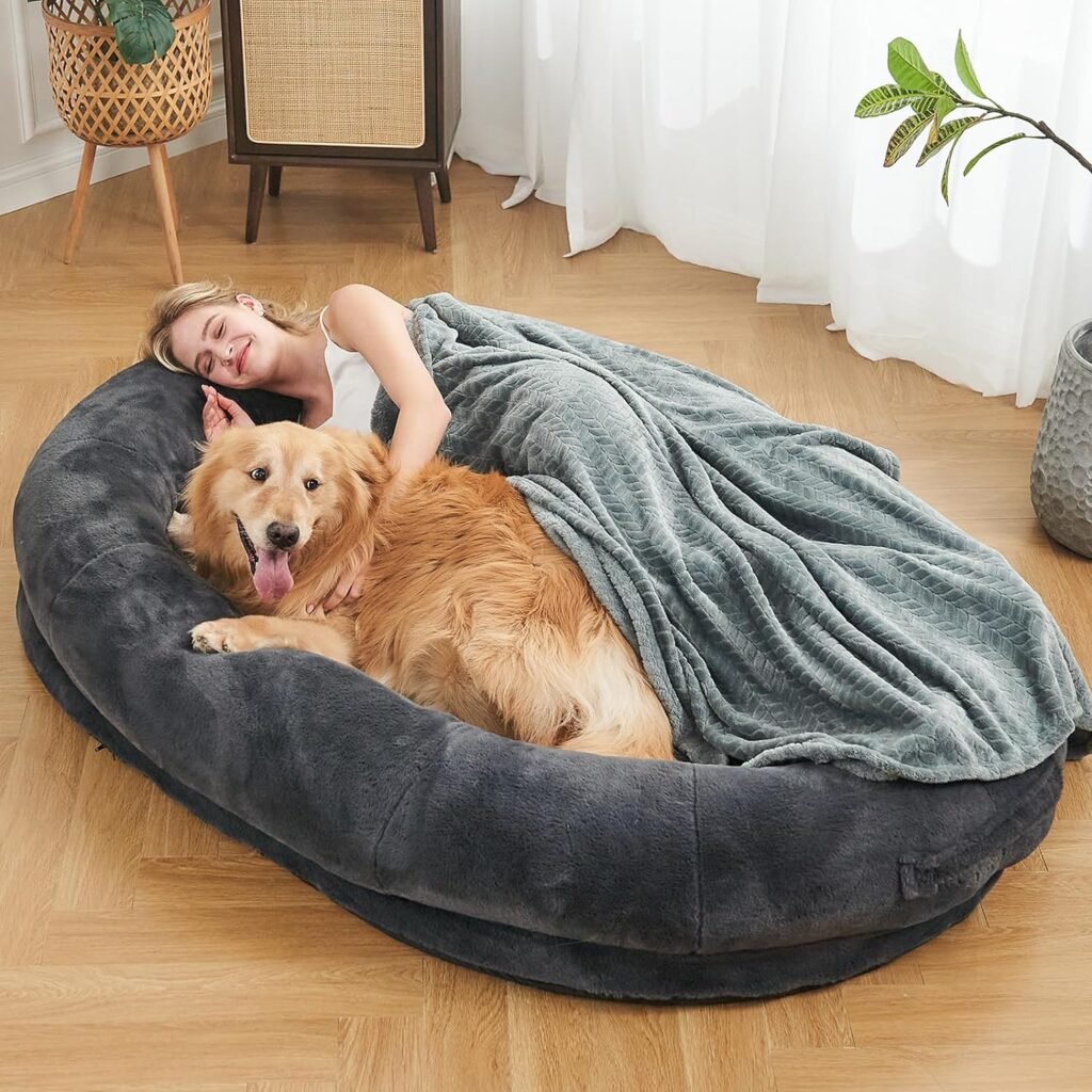 XIECUVA Human Dog Bed, 72x48x10 Human Sized Dog Bed for People Adults, Giant Dog Bed for Humans Nap Bed, Washable Luxury Faux Fur Fluffy Dog Bed for Large Dogs with Soft Blanket (Large, Grey)