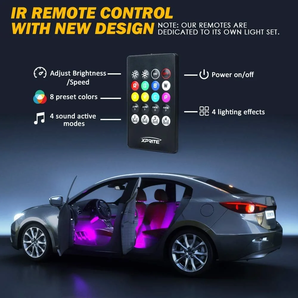 Xprite RGB LED Car Interior Bluetooth USB Light Strip, w/Wireless Remote and APP Control,4 PCS Under Dash Footwell Ambient Lights Kits, DIY Music Mode Universal for Vehicle Internal, SUV, Trucks