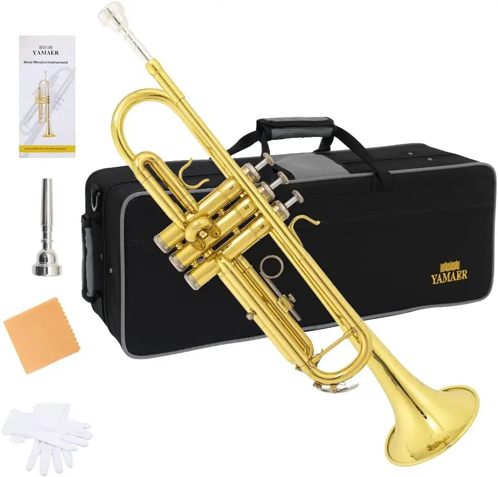 Yamaer Brass Standard Bb Trumpet Instrument with Hard Case,Five Legs Trumpet Stand,Gloves, 7C Mouthpiece and Valve Oil for Student Beginner golden