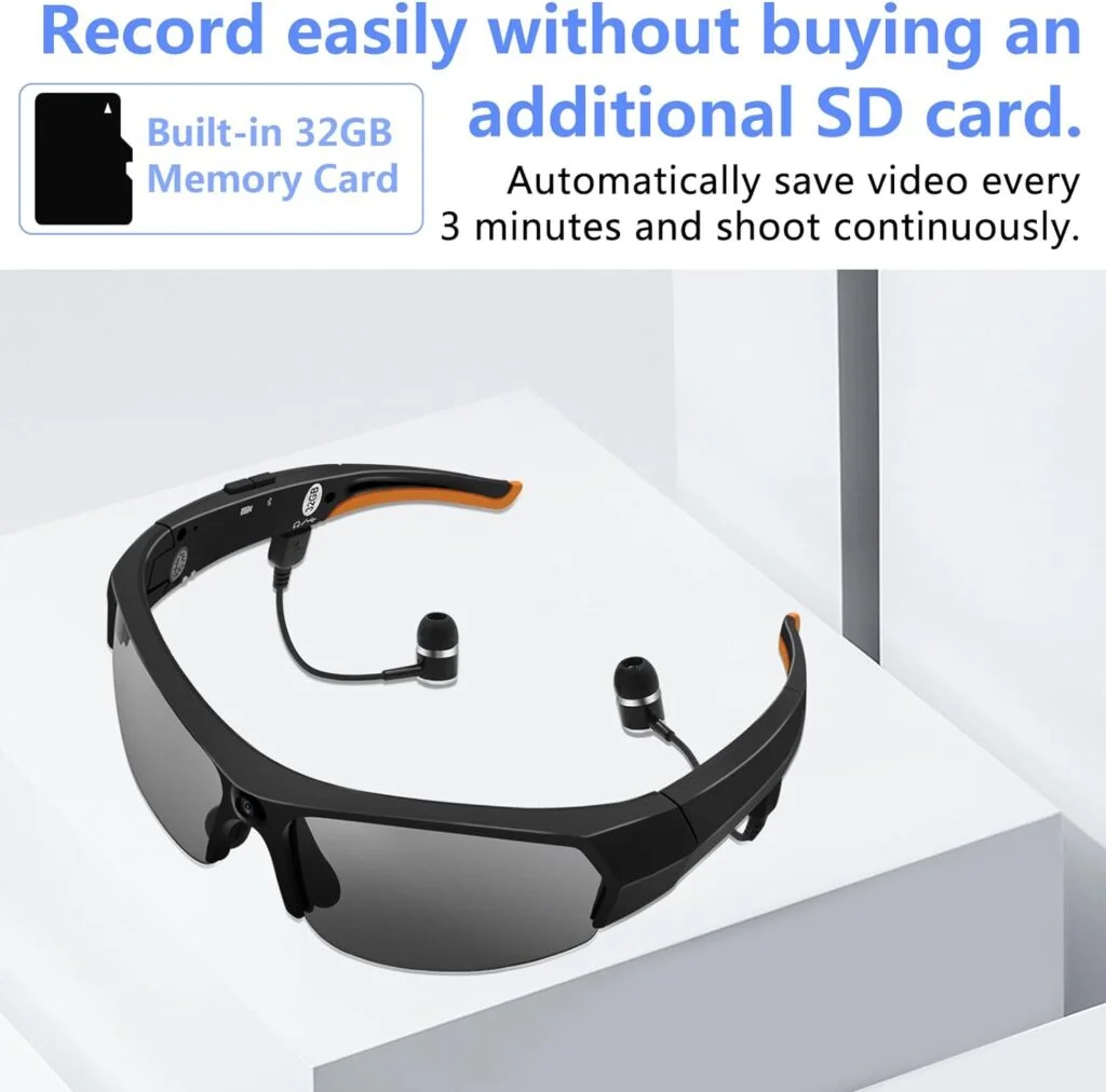YYCAMUS Smart Glasses Video Camera, HD 1080P Spy Sunglasses for Men, Bluetooth Glasses with Earphone, Built in 32GB Memory Card Vlogging Camera for Sports Outdoors