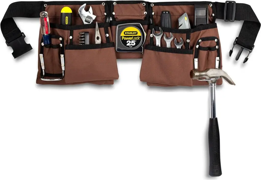 11 Pocket Brown and Black Heavy Duty Construction Tool Belt, Work Apron, Tool Pouch, with Poly Web Belt Quick Release Buckle - Adjusts from 33” Inches All the Way to 50” Inches