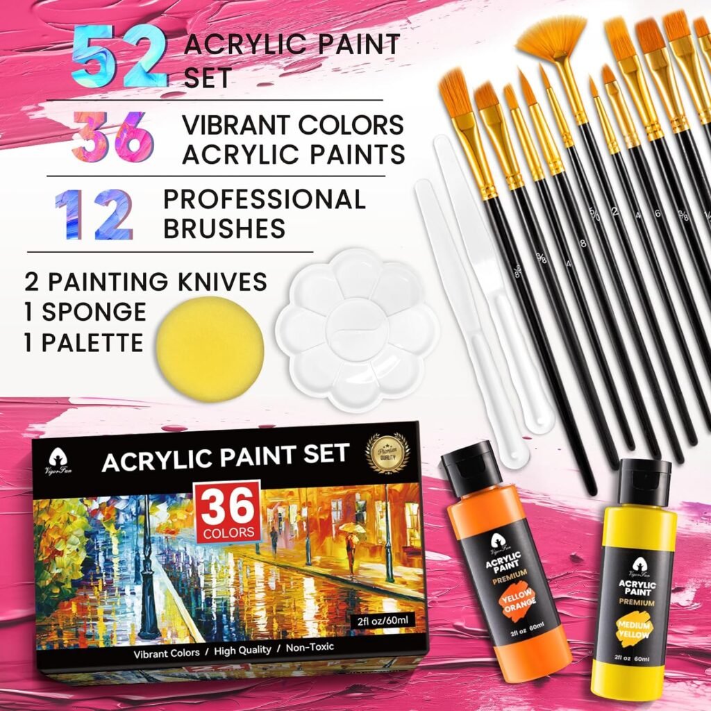 52 PCS Acrylic Paint Set with 12 Brushes, 2 Knives and Palette, 36 Colors (2oz/60ml) Art Craft Paints Gifts for Adults Kids Artists Beginners