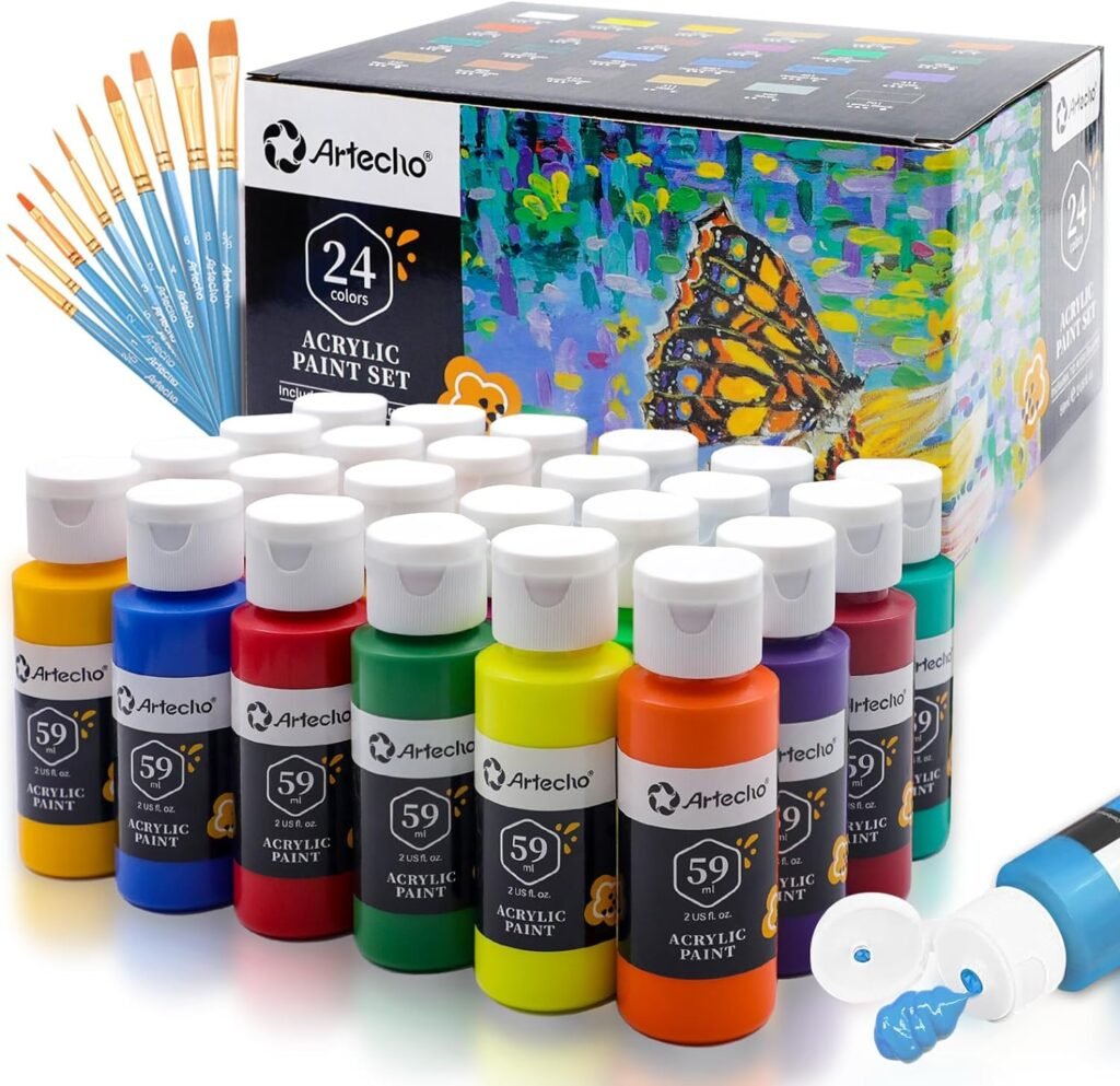 Artecho Acrylic Paint Set 24 Colors 2oz/59ml with 10 Paintbrushes, Art Craft Paint for Art Supplies, Paint for Canvas, Rocks, Wood, Fabric, Non Toxic Paint for Artists, Students, Beginners and Adults