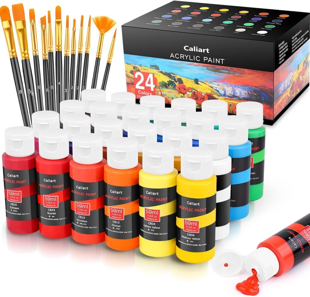 Caliart Acrylic Paint Set With 12 Brushes, 24 Colors (59ml, 2oz) Art Craft Paints Gifts for Artists Kids Beginners Painters, Halloween Pumpkin Canvas Ceramic Rock Painting Kit Art Supplies