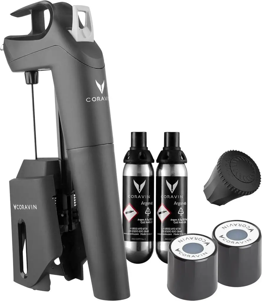 Coravin Timeless Three Plus Wine Preservation System - By-the-Glass Wine Saver - With 2 Pure Argon Gas Capsules Wine Aerator - Black