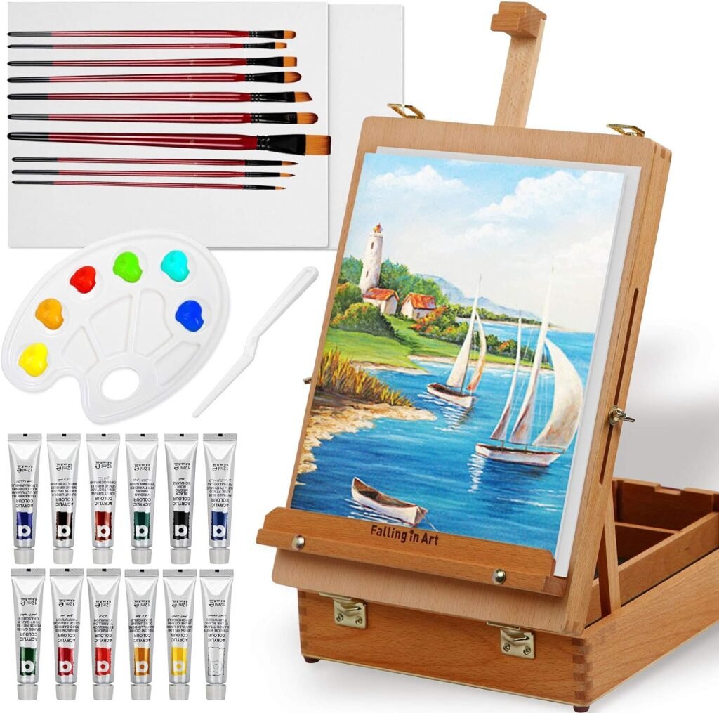 Falling in Art Easel Box Acrylic Paint Set with Portable Table Display Stand, Acrylic Paint, Canvas Panels, Brushes, Palette for Christimas Gift