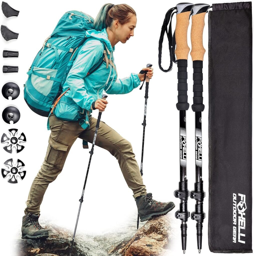 Foxelli Carbon Fiber Trekking Poles with Comfort Cork Handles, Ultralight, Adjustable Collapsible, Ideal for Hiking Backpacking, Suitable for Men and Women, 2pcs
