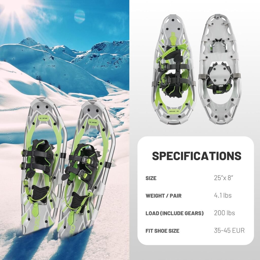 G2 21/25/30/36 Inches Light Weight Snowshoes with Toe Box, EVA Padded Ratchet Binding, Heel Lift, Flexible Pivot Bar, Durable Back Strap, Trekking Poles, Carrying Bag, Snow Baskets(5 colors available)