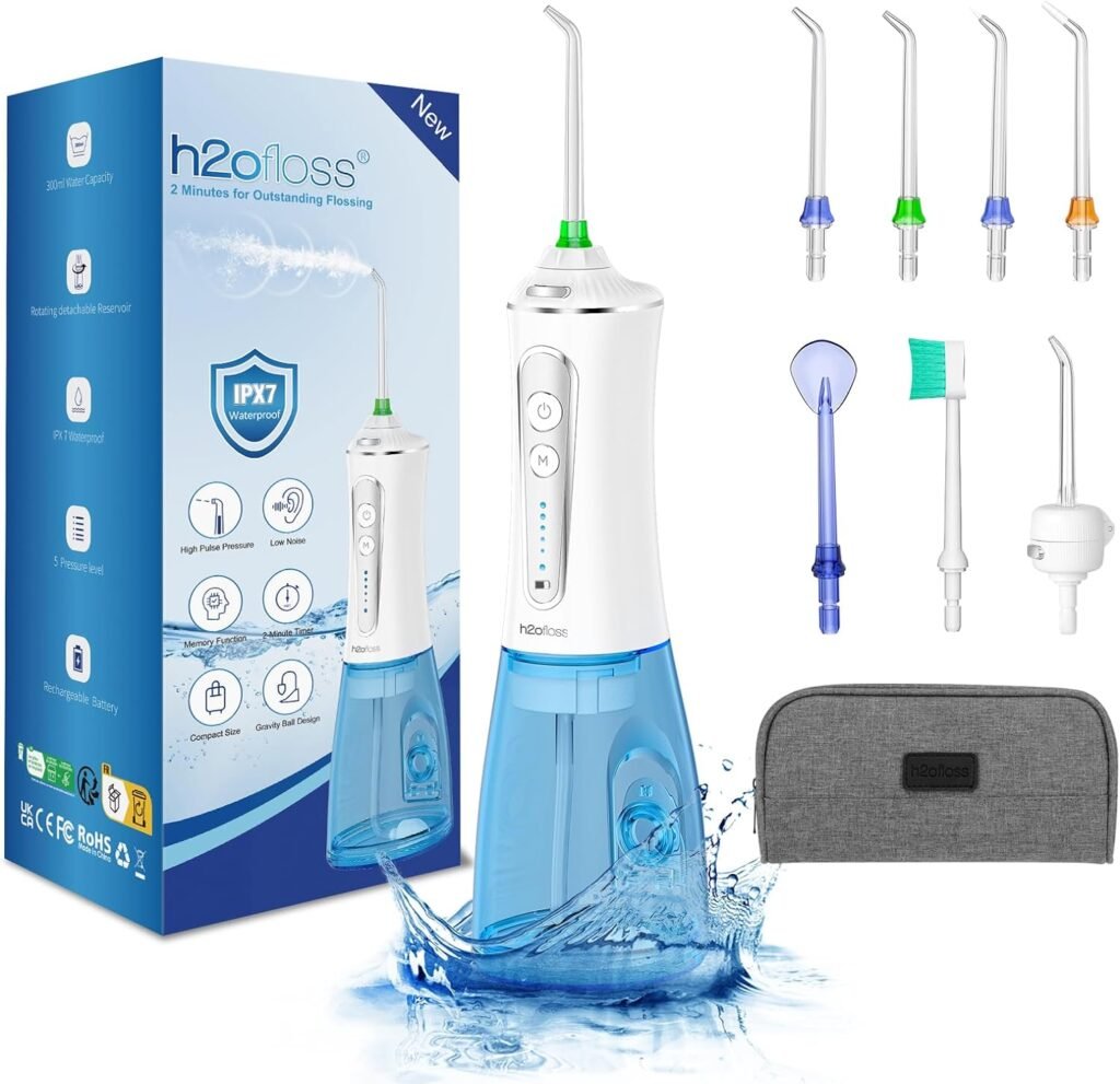 H2ofloss Water Flosser for Teeth Cordless, IPX7 Waterproof Oral Irrigator Dental with 5 Modes and 7 Jets, USB Recharged and 300ML Water Dental Flosser for 30 Days Use at Home/Travel