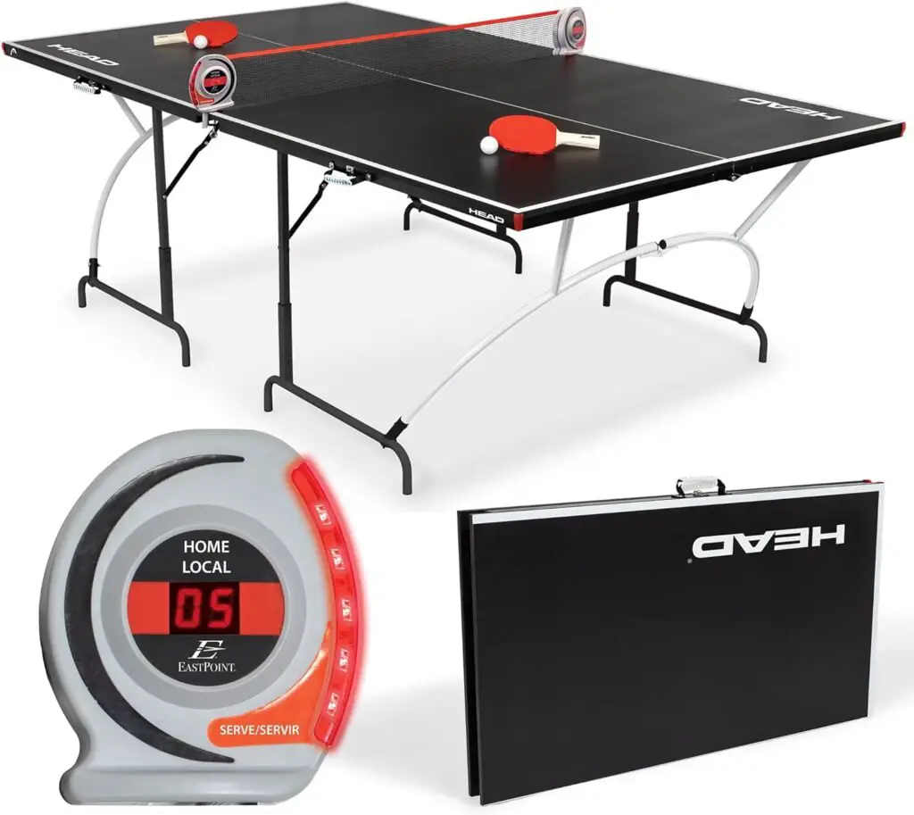 HEAD Easy Setup Ping Pong Table with Electronic Scorer - Junior Folding Table Tennis Table for Easy Storage - Game Room Table Includes 2 Paddles and Balls