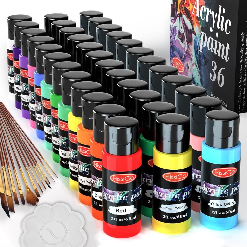 HissiCo 49PCS Acrylic Paint Set of 36 Colors 2fl oz 60ml Bottles 12 Brunshes and Palette,Non Toxic 36 Colors Acrylic Paint No Fading Rich Pigment for Kids Adults Artists Canvas Crafts Wood Painting