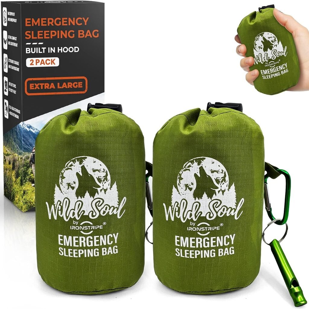 Ironstripe Bivy Sack Emergency Sleeping Bag – XL Waterproof Survival Sleeping Bag with Emergency Whistle, Built-in Hood Thermal Mylar – Tear Puncture-Resistant Emergency Bivy Bag