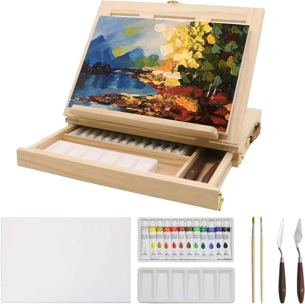 LUCYCAZ Tabletop Easel Set, Easel for Painting Canvases, Portable Wooden Art Easel Painting Kits for Adults Artist Kids, 12 Colors Acrylic Paints, 2 Brushes, Palette and Knives