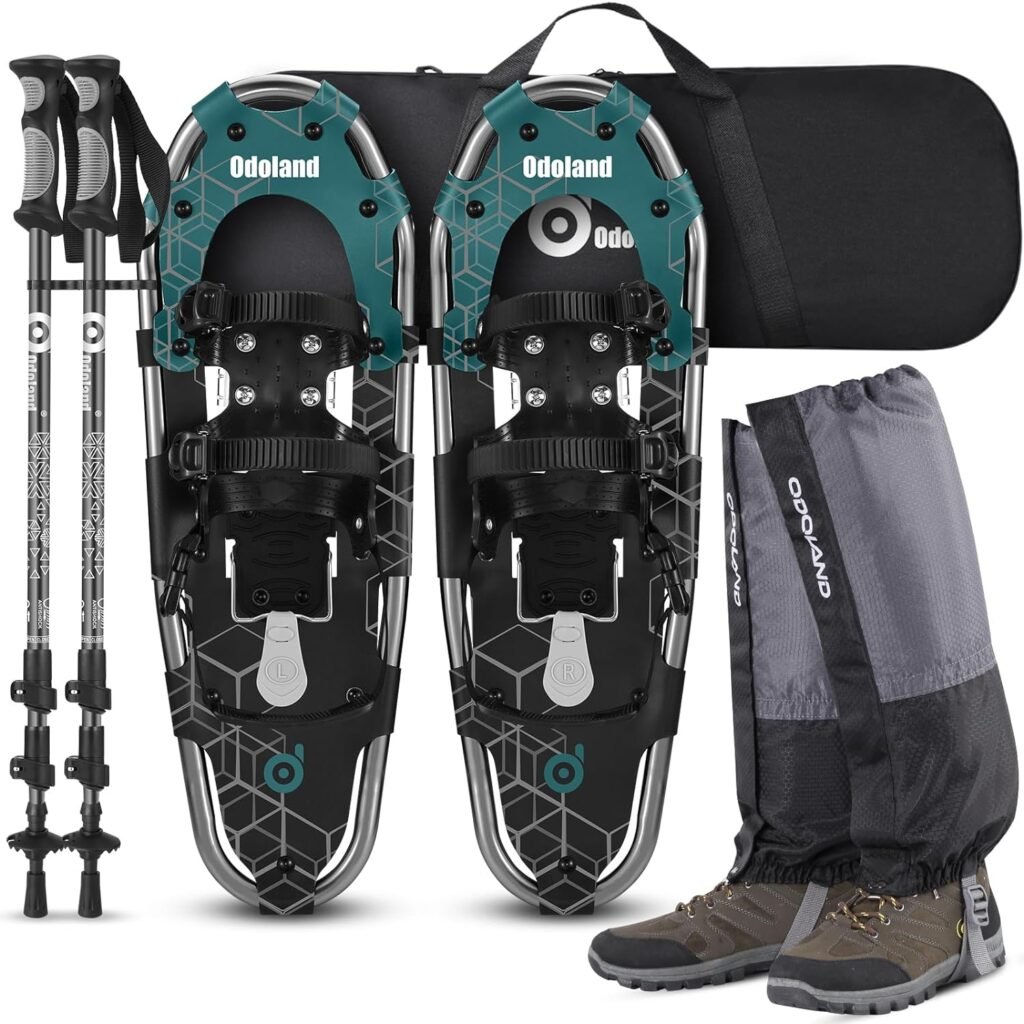Odoland 4-in-1 Snowshoes for Men Women Youth Kids with Trekking Poles, Waterproof Snow Leg Gaiters and Carrying Tote Bag, Lightweight Snow Shoes Easy to Wear Aluminum Alloy, Size 21/25/30