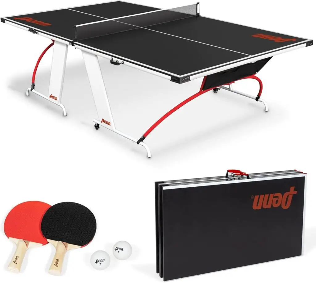Penn Easy Setup Full Size Table Tennis Table – 100% Preassembled – Sets up in Under 5 Minutes – Play Anywhere – Compact Storage – Ping Pong Table with 2 Paddles and 2 Balls