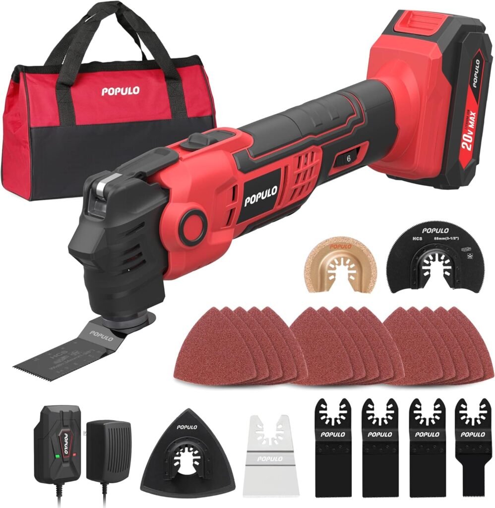 POPULO 20V Cordless Oscillating Tool Kits, 22000 OPM Variable Speed, 4.5° Oscillating Angle Multi Tool, 27 Piece Battery Powered Multi-Tool for Cutting Wood, Drywall, Nails, Scraping, and Sanding