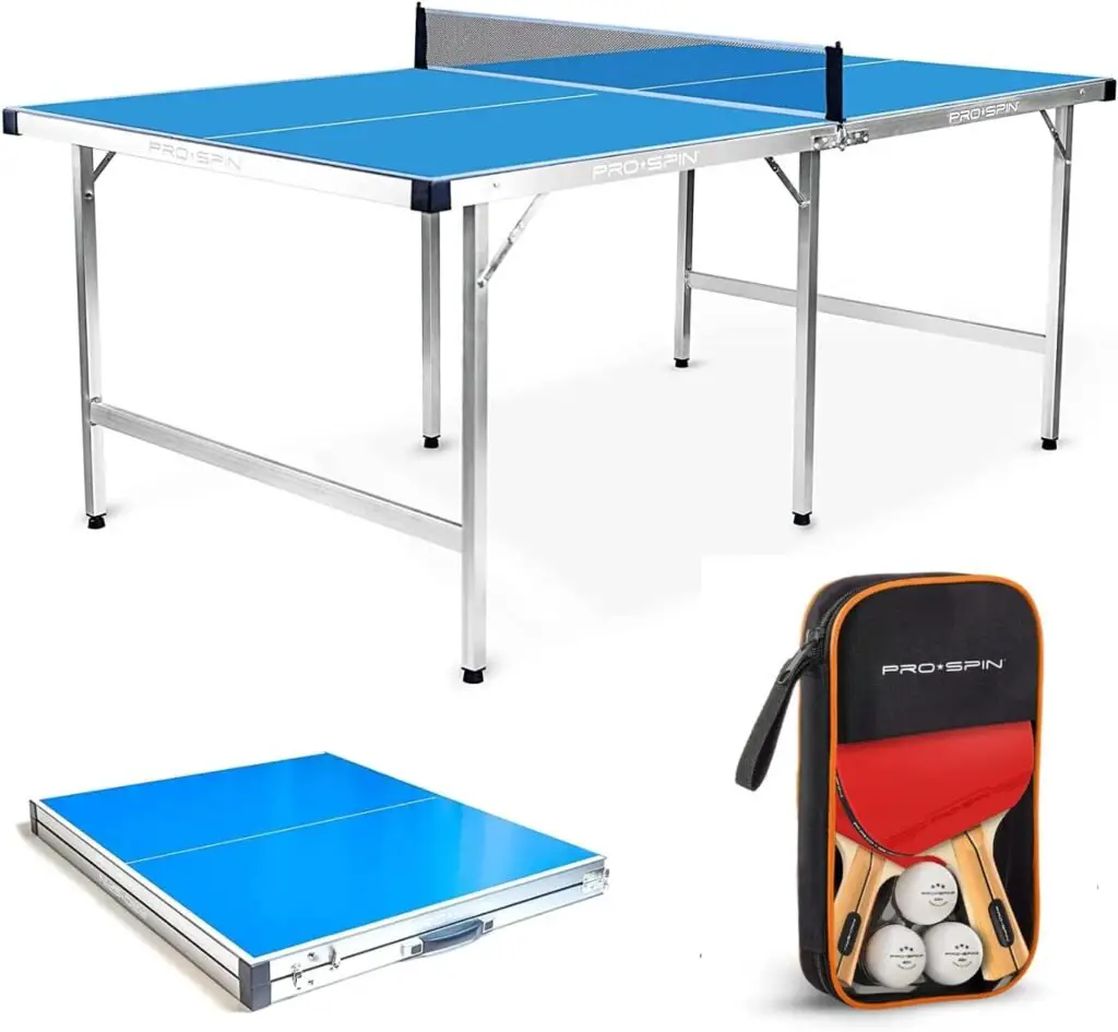 PRO-SPIN Midsize Ping Pong Table | Foldable | Complete Set with Premium Ping Pong Paddles Balls | 100% Pre-Assembled | Portable Aluminum Table Tennis Table | Weatherproof Indoor/Outdoor Table Tennis