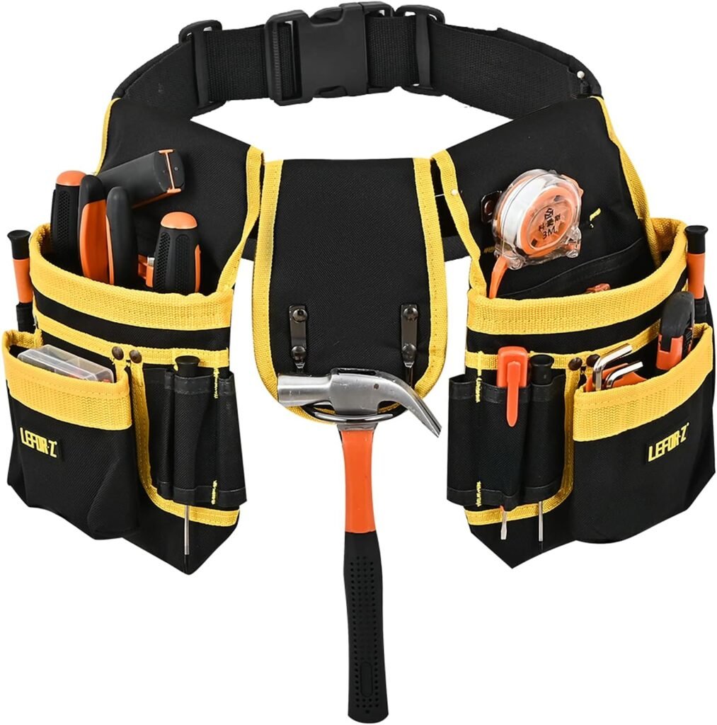 Tool Belt,26-Pockets Nylon Tool Belts for Men,Detachable Adjustable Tool Pouch Bag for Electrician,Carpenter,Construction,Work Apron,Utility Belt, Black, Yellow