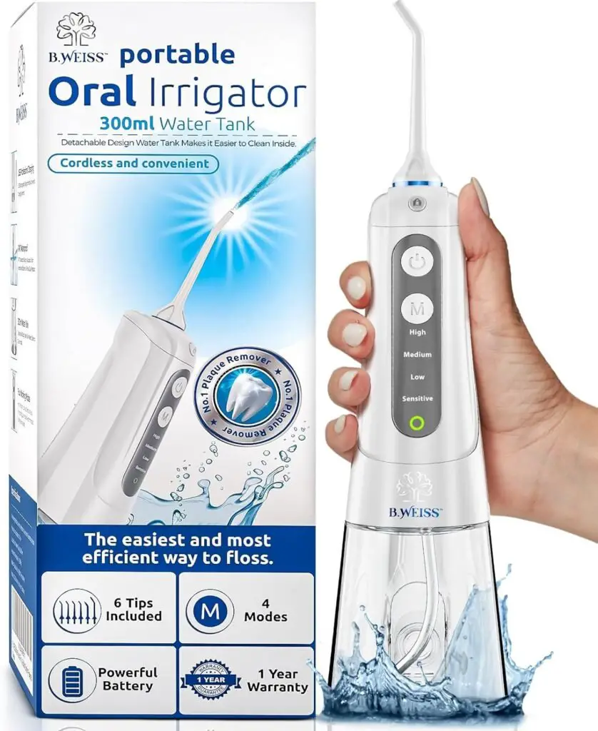 Water Flosser Cordless Pick for Teeth, 4 Modes, Gentle on Gums, Removes Plaque Food Particles, B. WEISS High-Power, Rechargeable Waterproof Oral Irrigator; 6 Replacement Tips Included.