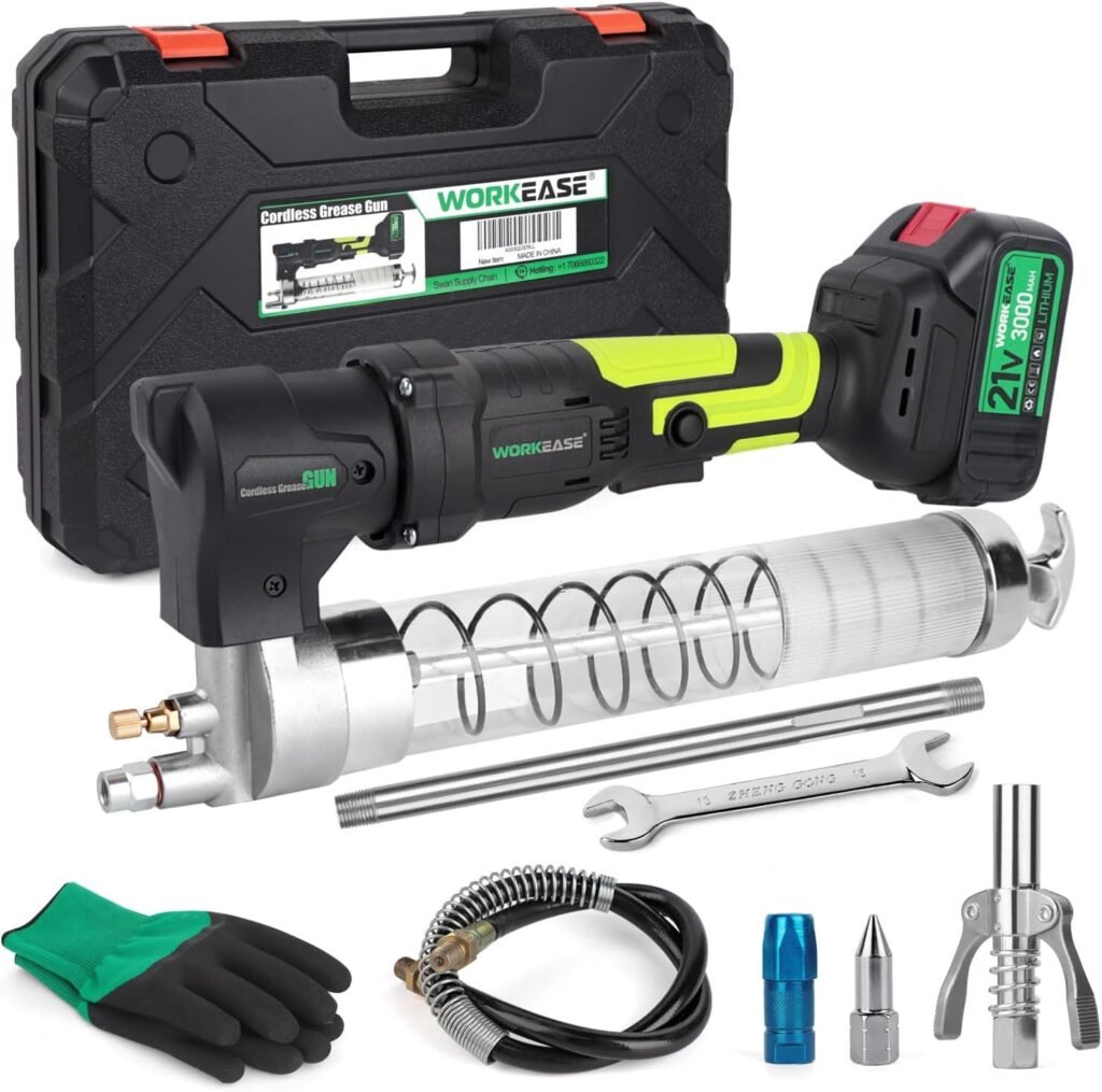 WORKEASE 21V Cordless Grease Gun Battery Powered,10000 PSI Professional Electric Grease Gun Kit with 14 oz Load,24Inch Spring Flex Hose,Hard Tube,3 Nozzle,with Carrying Case