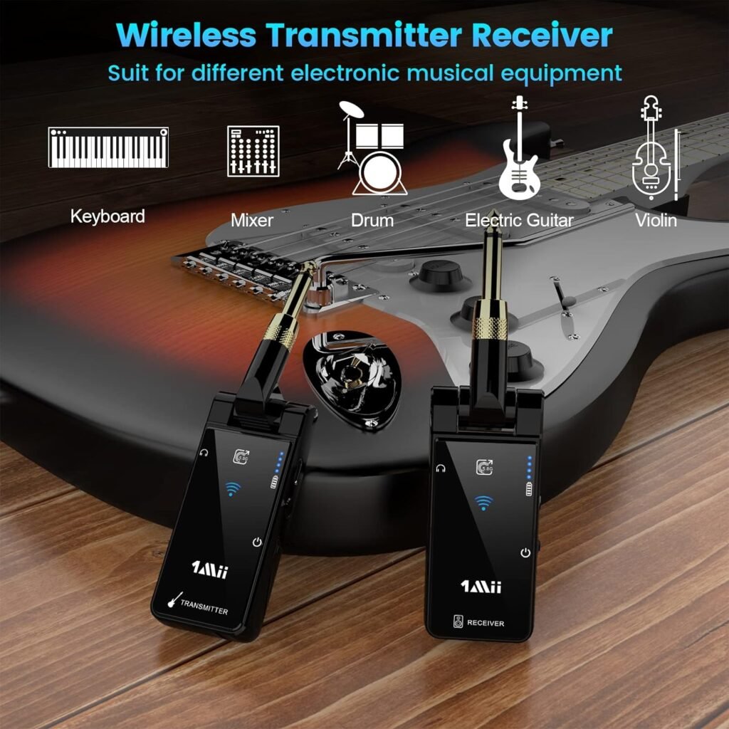 1Mii 5.8GHz Guiter Transmitter Receiver, 4 Channels Rechargeable Audio Wireless Transmitter Receiver for Guitar Bass Electric Instruments, 8Hrs Long Battery Life