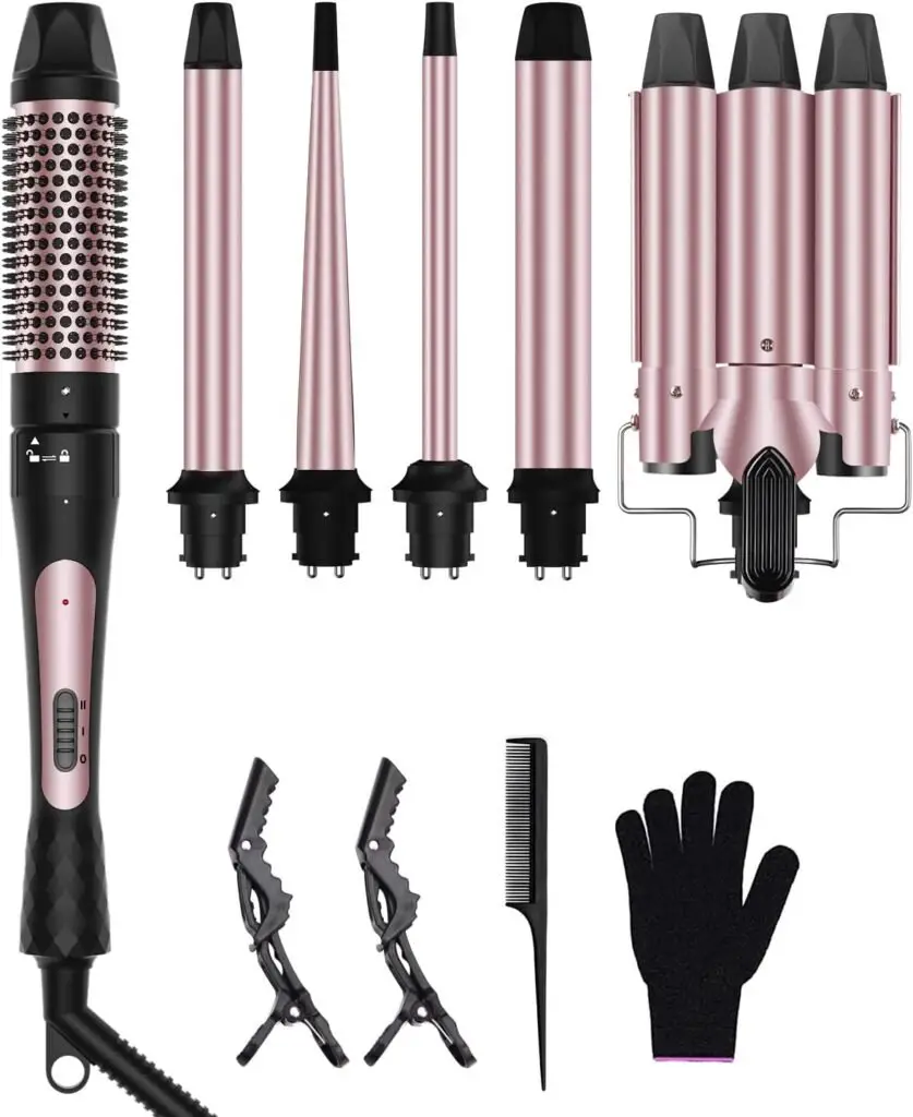 6 in 1 Curling Iron, 3 Barrel Curling Iron Set with Curling Brush (1.5inch) and 5 Interchangeable Ceramic Curling Wand(0.35-1.25), 2 Temp Heating Setting, Contain Comb Protective Glove 2 Clips