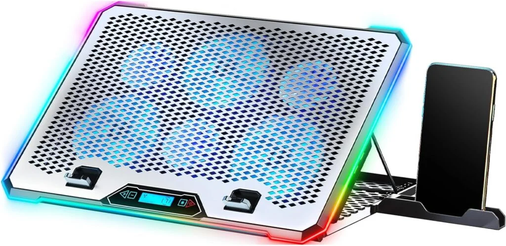 Aluminum Alloy Laptop Cooling Pad，RGB Gaming Laptop Cooler with 6 Quiet Cooling Fans for 15.6-17.3 inch laptops, 9 Height Stand, LCD Screen, 4 USB Ports with 1 3.0HUB 2 2.0HUB, Lap Desk Use
