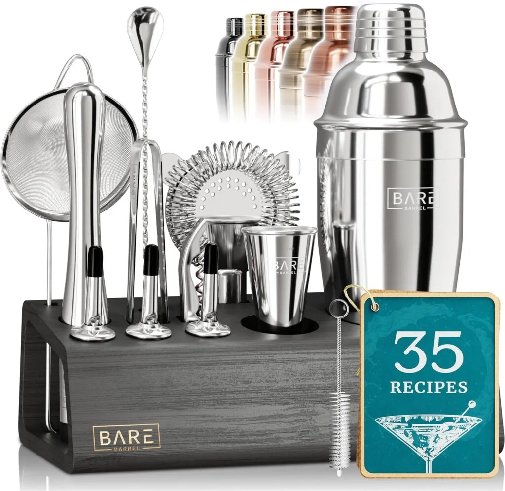 BARE BARREL® Mixology Bartender Kit Bar Set | 14-Piece Cocktail Shaker Set | Pro Barware Mixing Tools for Home Bartending | Incl. 35 Recipe Cards | Gift Set (24oz Martini, Silver Black)