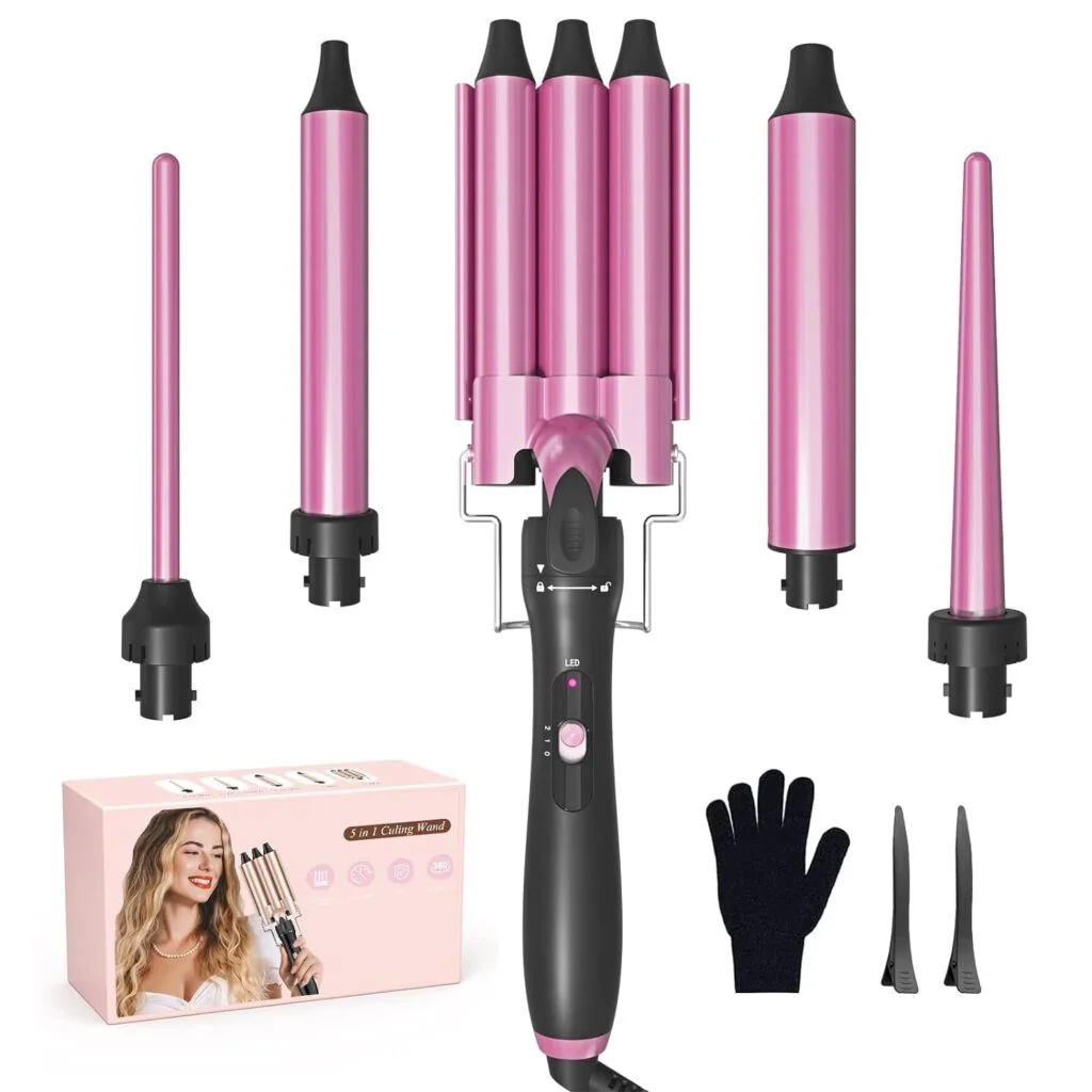BriCos 5 in 1 Curling Wand Set - Triple Barrel Hair Crimpers and Wavers for Hair, Interchangeable Ceramic Curler Wand, 30s Fast Heat-up, Crimper Hair Tools for All Hair Types